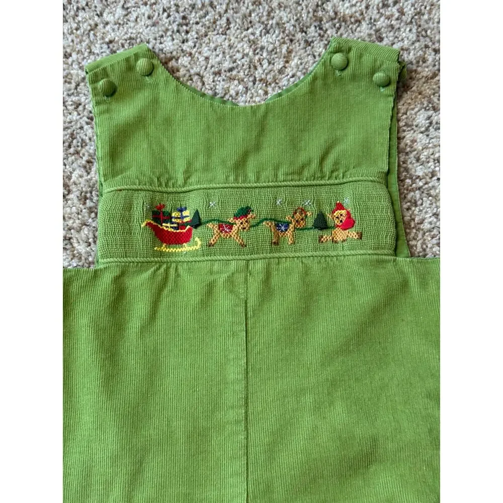 MANO Handmade Christmas Smocked Reindeer Sleigh Green Corduroy Overalls 2T